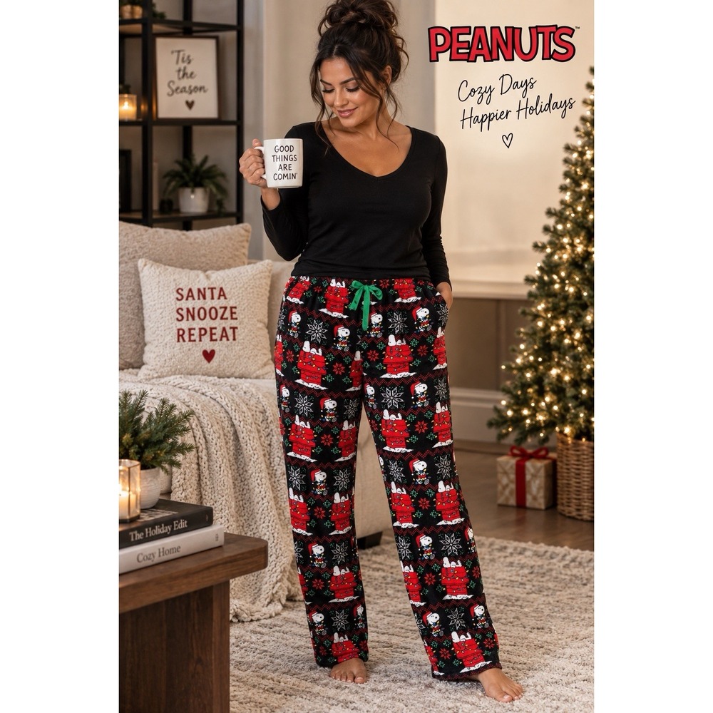 Peanuts Snoopy Christmas Pajama Pants Womens XL Black Red Plush Fleece Holiday